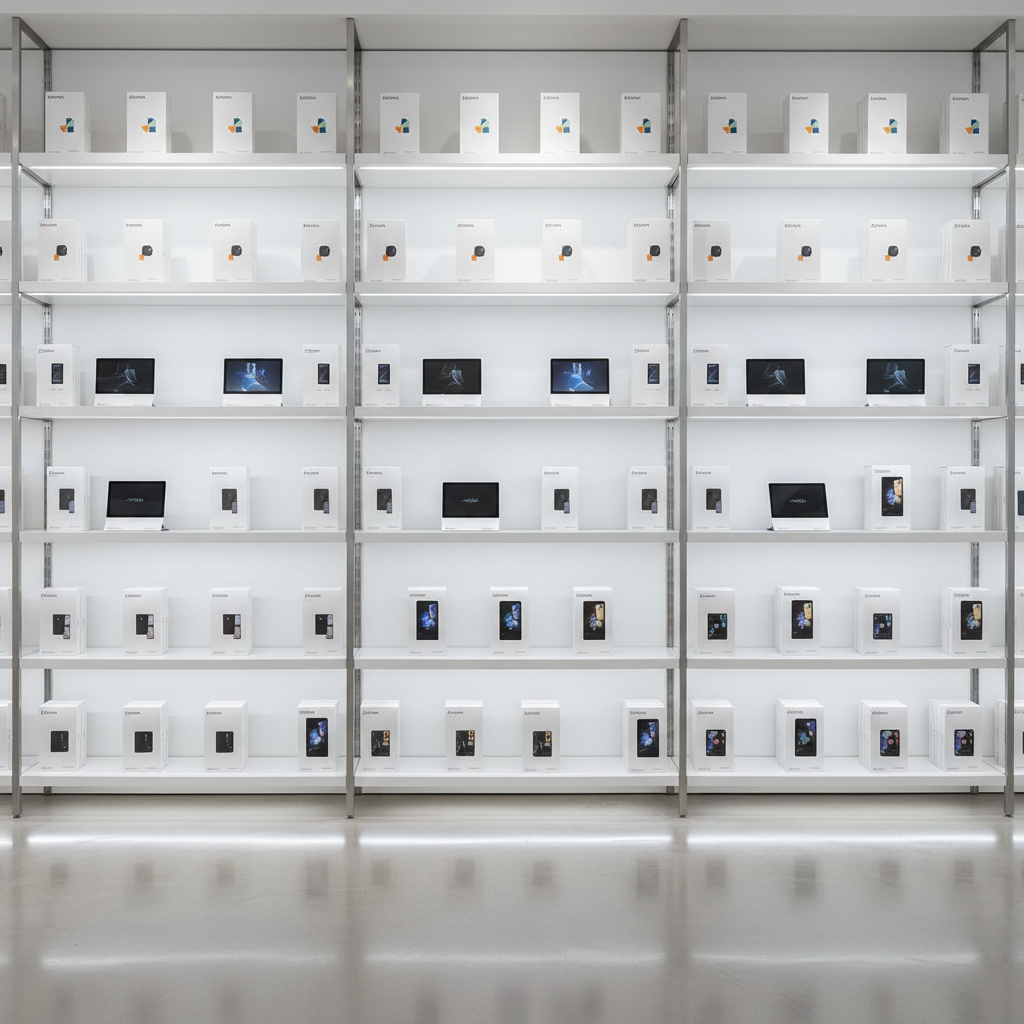 An organized back-wall display in a high-end technology store featuring neatly aligned rows of product boxes for laptops, tablets, and accessories in a consistent, minimalist packaging style with clean typography and subtle icons. The shelving is made of matte white panels with thin aluminum supports, extending from floor to ceiling. Slim, integrated LED strips run along each shelf underside, washing the boxes with even, cool white light and creating gentle linear reflections on occasional glossy accents. The polished gray floor subtly mirrors the base of the shelving. Captured straight-on with sharp focus across the entire frame in photographic realism, the composition emphasizes symmetry, order, and abundance without clutter. The mood is highly professional and reassuring, suggesting a well-curated, efficient showroom where finding the right tech product is simple and intuitive.