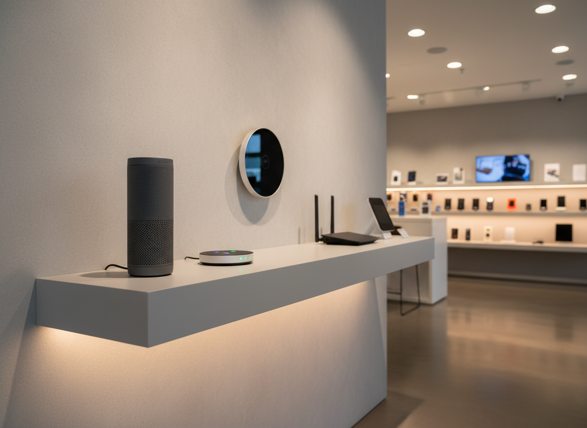 A stylish corner of a tech retail space dedicated to smart home devices: a matte white floating shelf mounted on a light gray wall, displaying a curated lineup of gadgets including a cylindrical smart speaker, a compact hub with status LEDs, a sleek router, and a minimalist smart thermostat mounted above. The devices are arranged with generous negative space, giving a gallery-like feel. Soft, indirect LED strip lighting under the shelf and warm, diffused ceiling lights create gentle glows and subtle gradients on the wall. The scene is captured at eye level with a medium depth of field, keeping all devices in sharp focus while the rest of the showroom fades into a soft blur. The atmosphere is calm, professional, and future-forward, emphasizing how effortlessly integrated technology can be in a modern home.