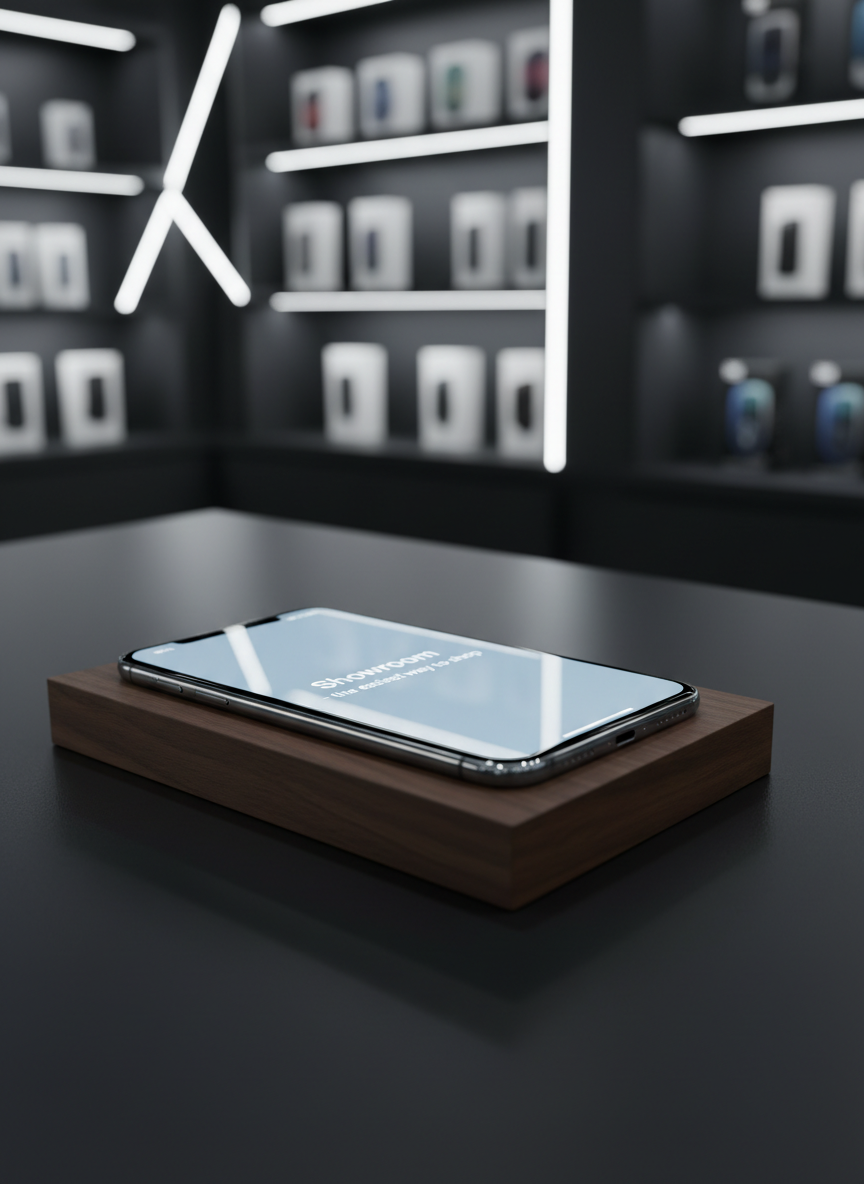 A close-up, photographic realistic shot of a premium graphite-gray smartphone resting on a dark walnut display plinth, its edge-to-edge OLED screen glowing with a clean, minimalist interface that reads “Showroom – the easiest way to shop.” The plinth sits on a seamless matte black counter with a faint reflection of the device. In the softly blurred background, geometric shelving filled with boxed tech products and subtle LED accent strips hint at a sophisticated store interior. Cool, diffused overhead lighting creates precise highlights on the phone’s polished metal frame and smooth glass surface. Captured from a slightly elevated three-quarter angle with shallow depth of field, the mood is professional, sleek, and aspirational, emphasizing innovation and effortless digital shopping.