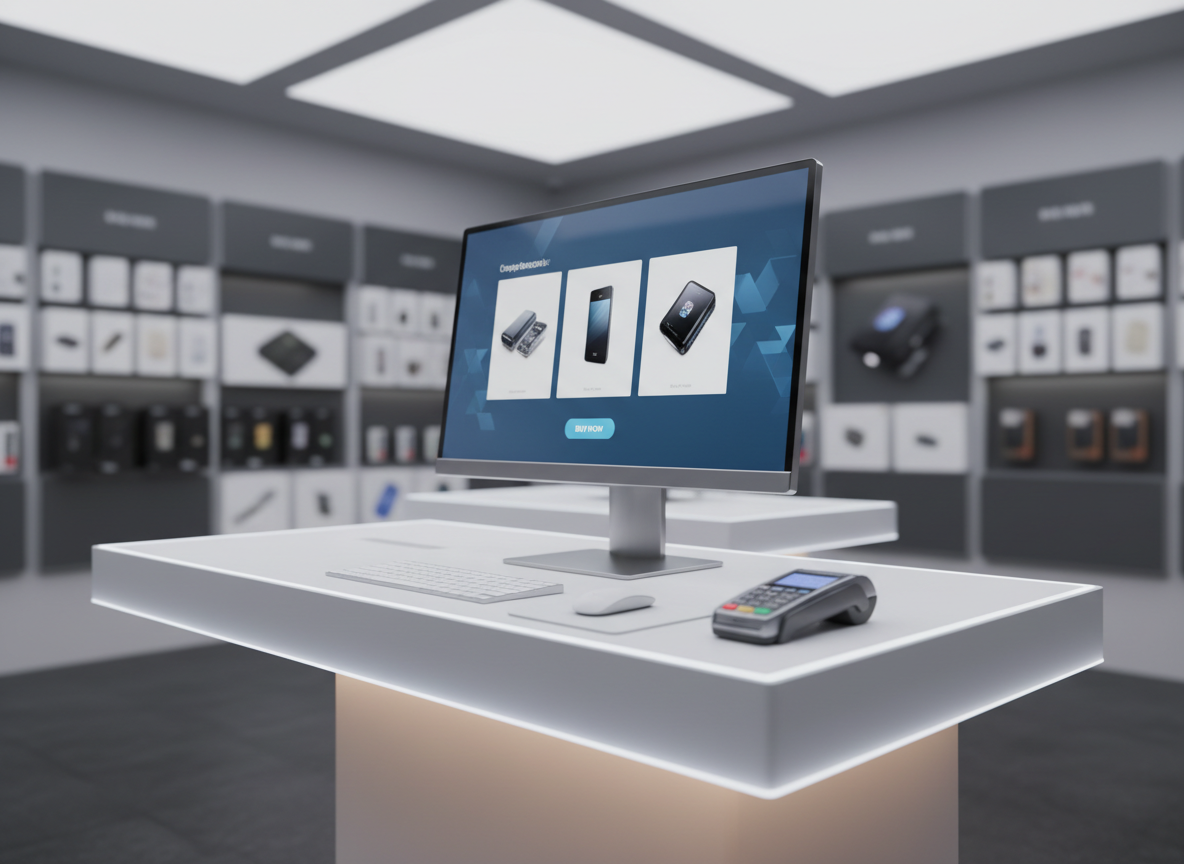 An ultra-modern technology showroom checkout station featuring a slim, frameless 4K monitor on a brushed aluminum stand, displaying a clean, blue-and-white interface with large product tiles and a prominent “Buy Now” button. The monitor sits on a floating white desk with integrated LED edge lighting that softly illuminates a wireless keyboard, touchpad, and a compact contactless payment terminal. The background shows a softly out-of-focus wall of organized product boxes in neutral tones. Bright but diffused ceiling lighting and a subtle under-desk glow create an even, shadow-free environment. Shot from a slightly low angle in photographic realism, the composition centers the screen while including just enough surroundings to convey a streamlined, efficient, and professional shopping experience that feels intuitive and frictionless.