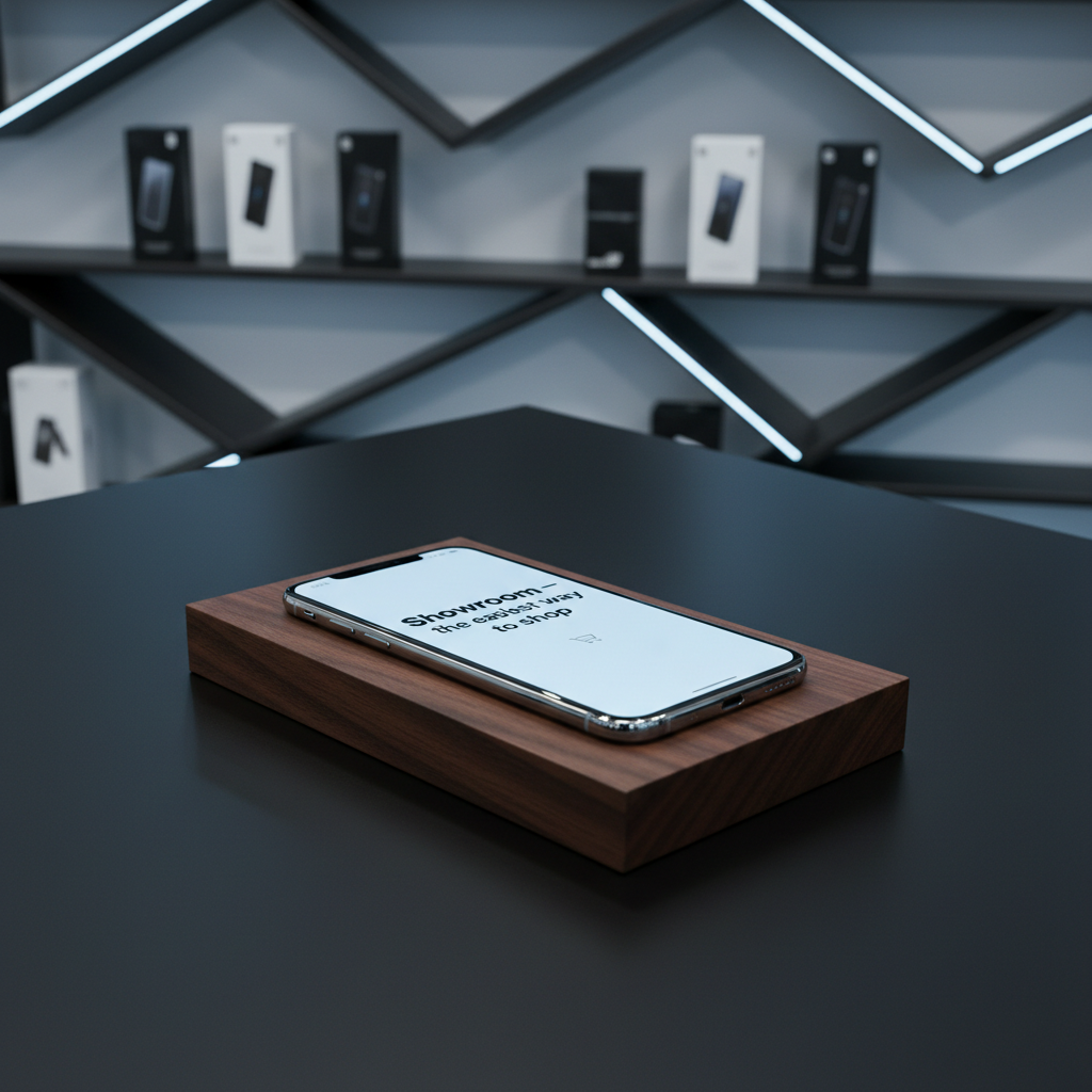 A close-up, photographic realistic shot of a premium graphite-gray smartphone resting on a dark walnut display plinth, its edge-to-edge OLED screen glowing with a clean, minimalist interface that reads “Showroom – the easiest way to shop.” The plinth sits on a seamless matte black counter with a faint reflection of the device. In the softly blurred background, geometric shelving filled with boxed tech products and subtle LED accent strips hint at a sophisticated store interior. Cool, diffused overhead lighting creates precise highlights on the phone’s polished metal frame and smooth glass surface. Captured from a slightly elevated three-quarter angle with shallow depth of field, the mood is professional, sleek, and aspirational, emphasizing innovation and effortless digital shopping.